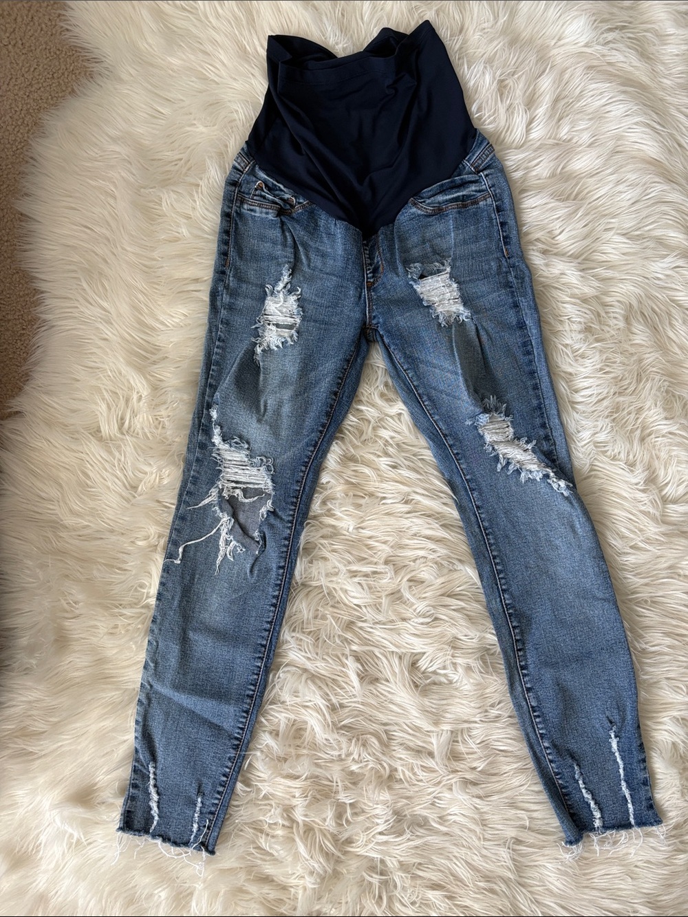 Blue Ripped Skinny Maternity Jeans with Black Stretch Panel